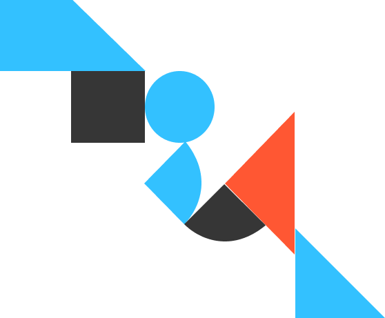 Abstract geometric design in blue, black, and red symbolizing strategy, creativity, and digital innovation for a modern marketing brand.